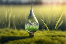 Miniature Wind Turbine Inside Of A Water Drop On Green Grass Background. Generative AI. 