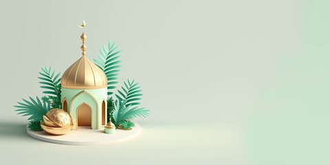 Wall Mural - Ramadan Banner with 3D Illustration of Mosque and Copy Space