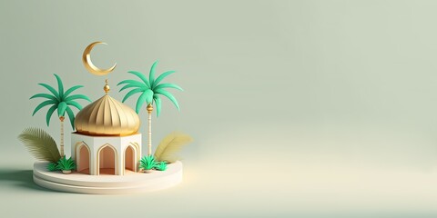 Poster - Golden 3D Mosque Illustration for Islamic Festival Banner