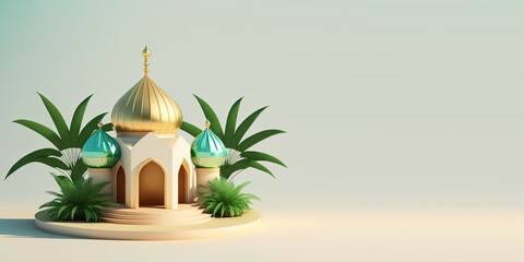 Wall Mural - 3D Mini Mosque with Golden Dome for Ramadan Banner