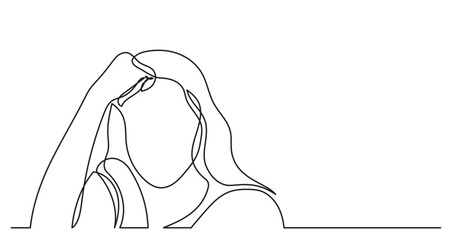 Poster - continuous line drawing vector illustration with FULLY EDITABLE STROKE of young woman thinking solving problems finding solutions