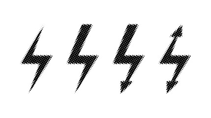 Aufkleber - Halftone lightning bolt set. Black grunge thunderbolt collection. Textured flash symbols. Comic lightning strike signs. Vector 