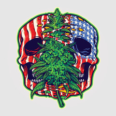 American flag skull head marijuana leaf plant Vector illustrations for your work Logo, mascot merchandise t-shirt, stickers and Label designs, poster, greeting cards advertising business company brand