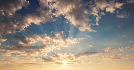 Wall Mural - skyline view of heaven flying fluffy clouds and shining sun rays 4k video. sunlight, cloudscape and 