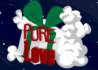 Poster - Cartoon Gift Box with Pure Love text. Vector illustrated wrapped package.