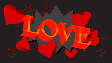 Poster - Hearts with Love text. Abstract Heart holiday background cartoon illustration.