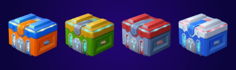 Poster - Game futuristic boxes, future technology chests. Icons of sci-fi equipment, loot boxes with electronic lock and display with neon light, vector cartoon illustration isolated on background