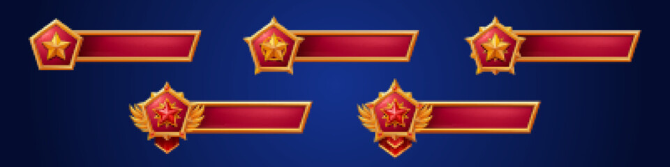 Poster - Game banners with golden star badges. Ranking icons of level achievement and empty title red bar. Game interface elements isolated on background, vector cartoon illustration