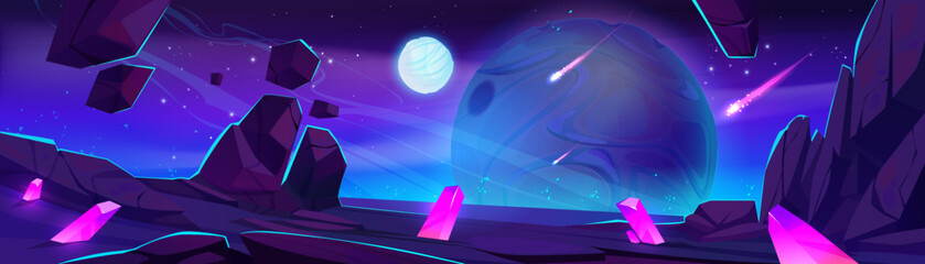 Wall Mural - fantasy landscape of alien planet surface and outer space with meteors. rock ground with crystals an