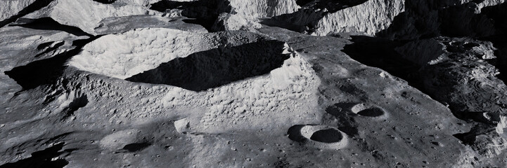 Wall Mural - moon surface, landscape with crater, background banner format