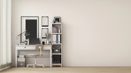 Poster - Modern workplace with comfortable modern working table and computer with working chair and large window. on wall white and wooden floor. 3D rendering