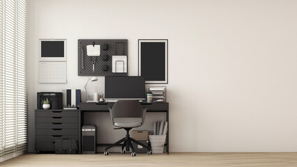 Poster - Modern workplace with comfortable modern working table and computer with working chair and large window. on wall white and wooden floor. 3D rendering