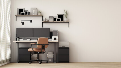 Poster - Modern workplace with comfortable modern working table and computer with working chair and large window. on wall white and wooden floor. 3D rendering
