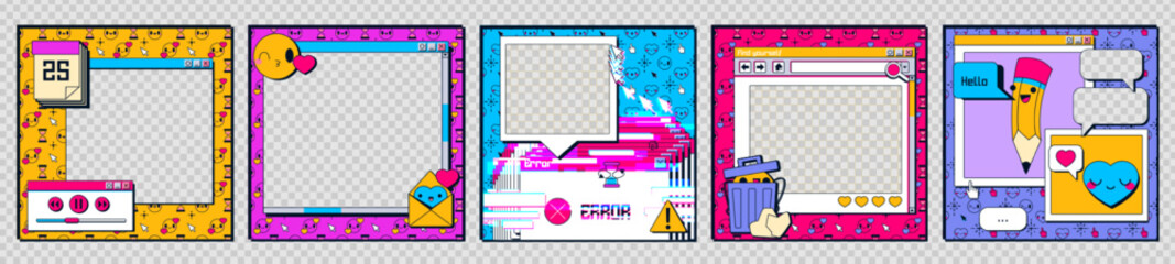 Wall Mural - Set of retro 90s software frames isolated on transparent background. Vector illustration of old computer interface windows with emoji, heart, trash bin, message, error warning icons. Vaporwave design