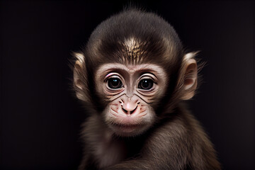 Wall Mural - Portrait of  a baby monkey on a black background. generative ai