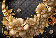 3d Mural Illustration Background With Golden Jewelry And Flowers, In Black Decorative Wallpaper	
