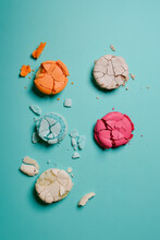 Сolorful Almond Cookies, Pastel Colors, Vintage Card, Top View. Cake Macaron Or Macaroon On Turquoise Background  Fruit.