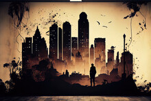 Mural With Lonely Figure And Grunge City, Graffiti Style. Generative AI