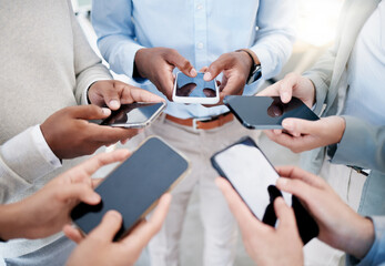 Poster - Smartphone in hands, technology and business people with collaboration and communication in team for company. Chat, internet and solidarity with community, mockup and networking, teamwork with phone