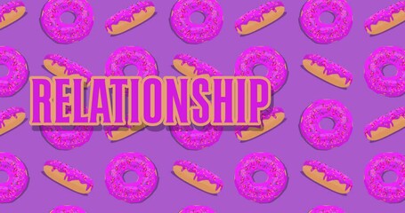 Poster - Dancing Doughnut pattern with Relationship text. Cartoon animation.
