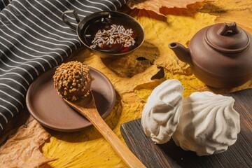 Wall Mural - Tea time is a healthy drink. Still life- cup and sweets for food