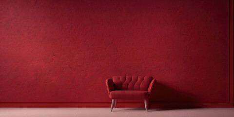 Poster - Red pigmented wall with a couch. Red widescreen background with space for text, logo or product presentation. Generative AI