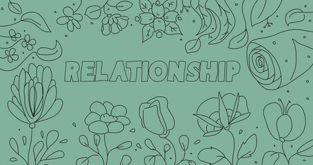 Poster - Flower line art background with Relationship text. Wildflower cartoon border, frame animation.