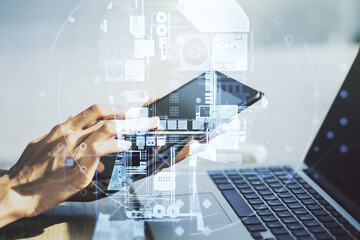 Poster - Double exposure of creative human head microcircuit and hand working with a digital tablet on background. Future technology and AI concept