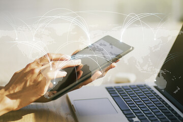 Poster - double exposure of abstract digital world map with connections and finger clicks on a digital tablet