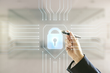 Poster - Man hand with pen working with virtual creative lock sketch with chip hologram on blurred office background, protection of personal data concept. Multiexposure