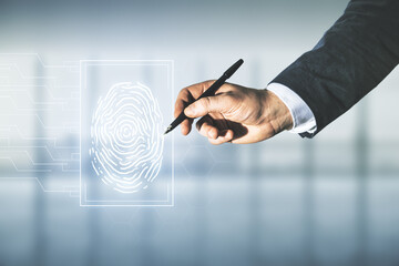 Aufkleber - Man hand with pen working with abstract virtual fingerprint illustration on blurred office background, personal biometric data concept. Multiexposure