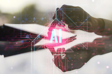 Poster - Creative artificial Intelligence symbol concept with finger presses on a digital tablet on background. Double exposure