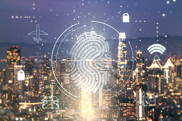 Aufkleber - Multi exposure of virtual fingerprint scan interface on San Francisco office buildings background, digital access concept