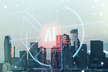 Poster - Double exposure of creative artificial Intelligence abbreviation hologram on Los Angeles office buildings background. Future technology and AI concept