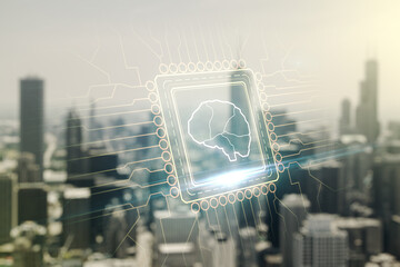 Poster - Double exposure of creative artificial Intelligence interface on blurry cityscape background. Neural networks and machine learning concept