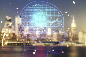 Poster - Double exposure of creative human head microcircuit hologram on blurry office buildings background. Future technology and AI concept