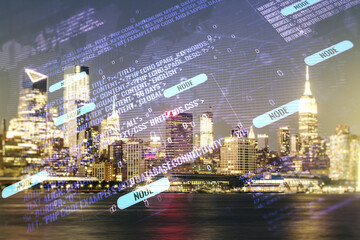 Poster - Double exposure of abstract programming language hologram and world map on New York city skyscrapers background, research and development concept
