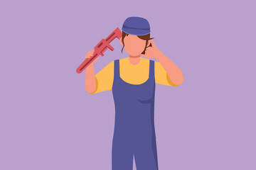 Wall Mural - Graphic flat design drawing female plumber holding wrench and wearing helmet with call me gesture, ready to work on repairing leaking drain in sink and houses drains. Cartoon style vector illustration