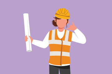 Wall Mural - Character flat drawing female architect wearing vest and helmet with call me gesture, carrying blueprint paper for the building work plan. Builder on work at site. Cartoon design vector illustration