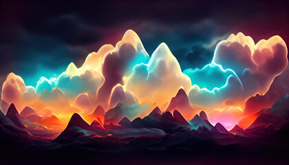 Poster - Abstract fantastic neon background, Terrain landscape with glowing square frame