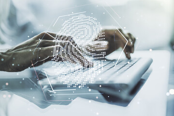 Aufkleber - Multi exposure of abstract creative fingerprint illustration with hands typing on computer keyboard on background, digital access concept
