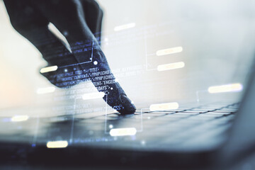 Aufkleber - Double exposure of abstract creative programming illustration and hands typing on laptop on background, big data and blockchain concept