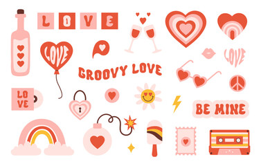 Poster - Retro groovy valentines day sticker set in style 60s, 70s. Trendy vintage icons isolated on a white background. Vector illustration