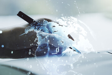 Aufkleber - Multi exposure of abstract software development hologram with world map and man hand writing in notebook on background, global research and analytics concept