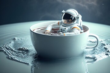 An astronaut relaxing inside of the cup of coffee as in pool. Creative ai generated illustration.