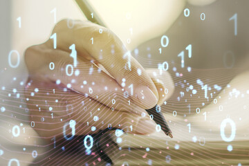Aufkleber - Creative abstract binary code hologram and woman hand writing in diary on background, AI and machine learning concept. Multiexposure