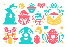 Easter Minimalist Icon Rabbit Painted Eggs In Basket Bow Religious Holiday Celebration Vector Flat