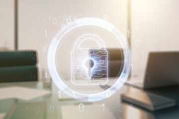 Poster - Creative idea concept with lock symbol and microcircuit illustration and modern desktop with computer on background. Protection and firewall concept. Multiexposure
