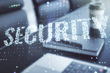 Poster - Cyber security creative concept on modern laptop background. Double exposure