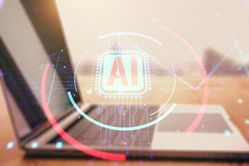 Aufkleber - Double exposure of creative artificial Intelligence abbreviation with computer on background. Future technology and AI concept